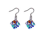 Square Murano glass earrings, silver leaf, murrine