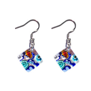 Square Murano glass earrings, silver leaf, murrine